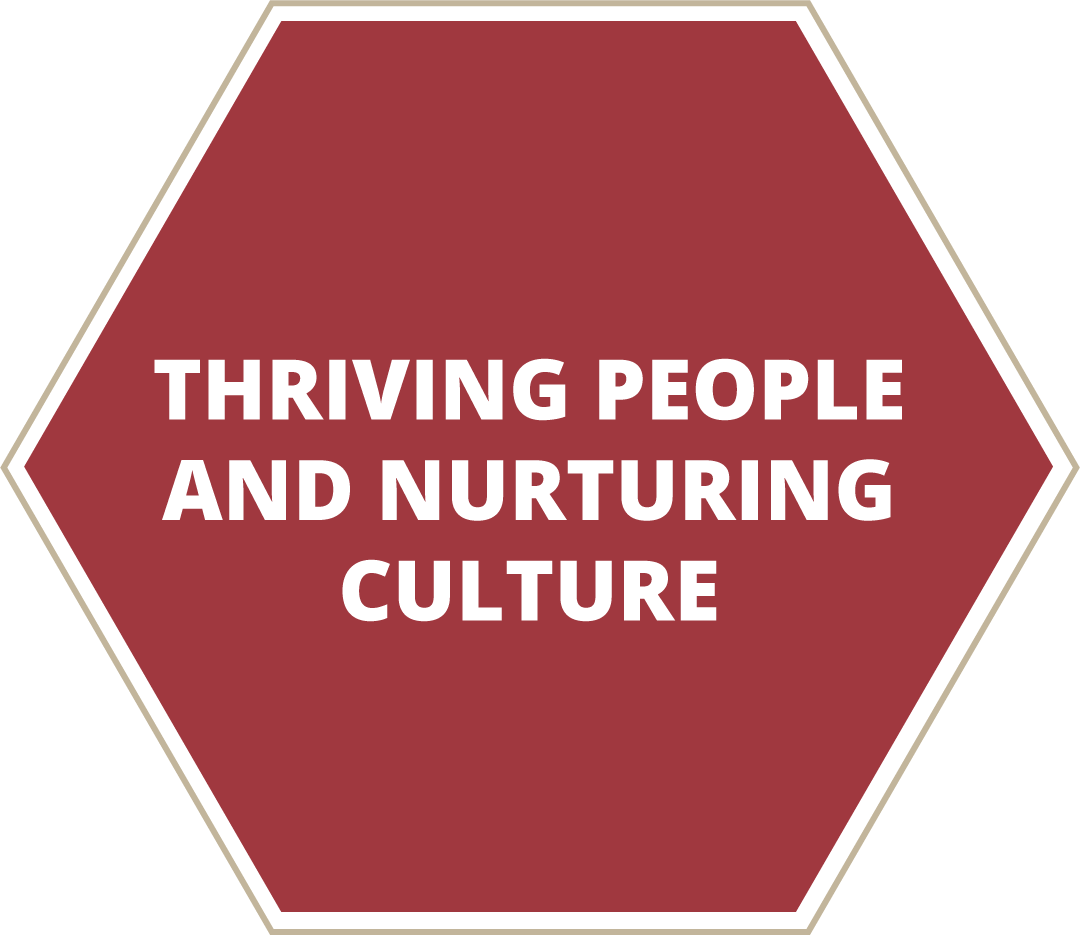 Red hexagon with text Nurturing Culture and Thriving People